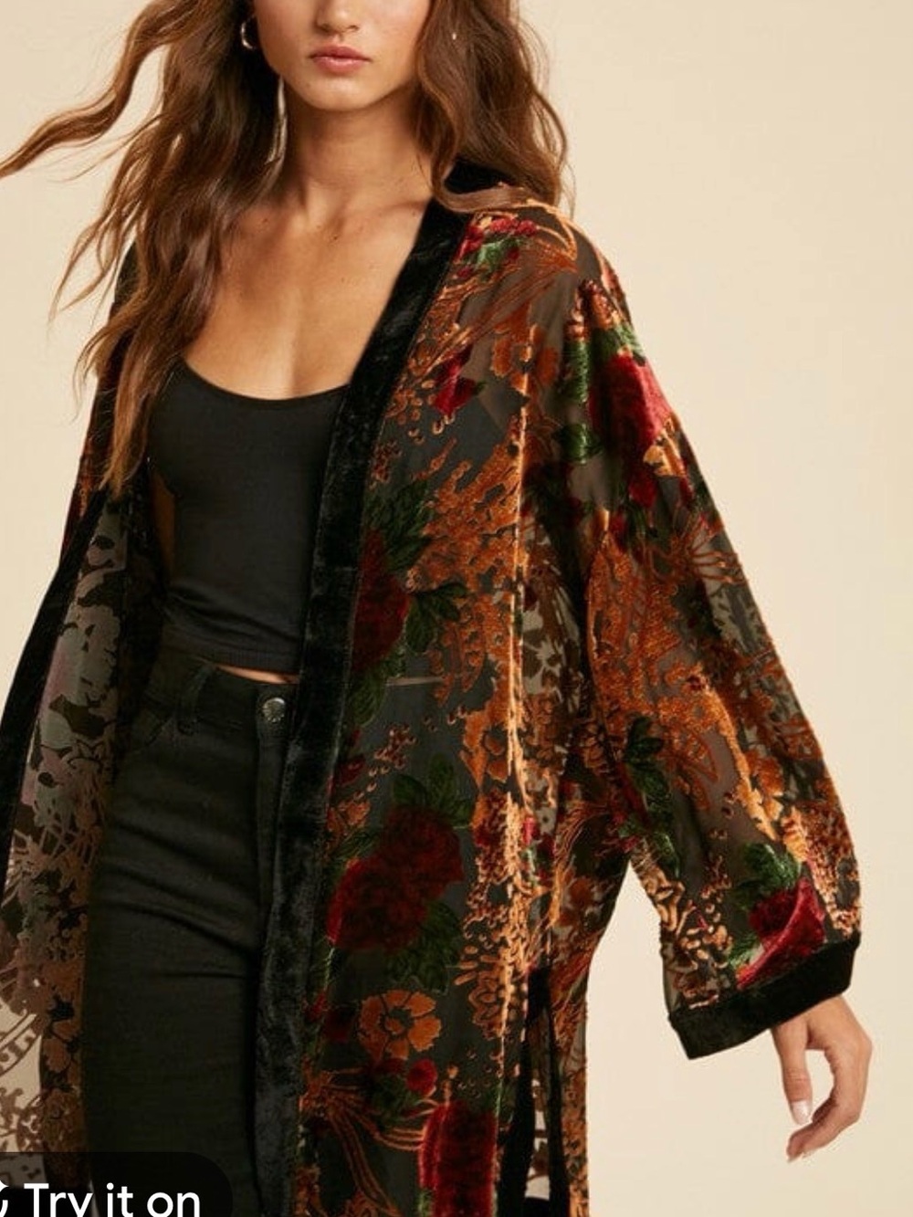 In Loom Kimono S/M Velvet Floral Duster Cape - Black, Rust, Green - Picture 2 of 5